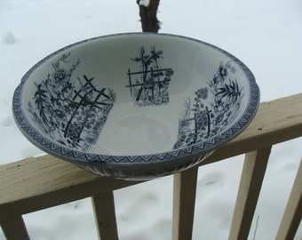 Large Bowl Wash Basin Decorated With Blue Transfer Bamboo And Flowers 14-1/2"  x  4-3/4"