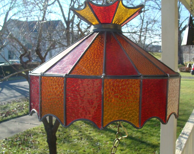 Vintage Red and Amber Glass Panel Stained Glass Hanging Pendant