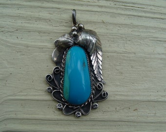 Vintage Native American Navajo Indian Jewelry Sterling Silver Multi Color Turquoise Pendant Signed LY