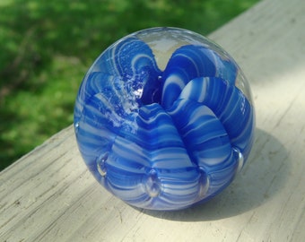 Blue And White Swirl Art Glass Paperweight By Joe Rice Suspended Bubbles Swirl Paper Weight Signed Beth Joe Rice 1-3/4" inches