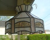 Antique Peach Slag Glass Panel Pink Stained Glass Hanging Pendant Chandelier Lamp Shade Dried Flower Panels Vintage Light Lighting