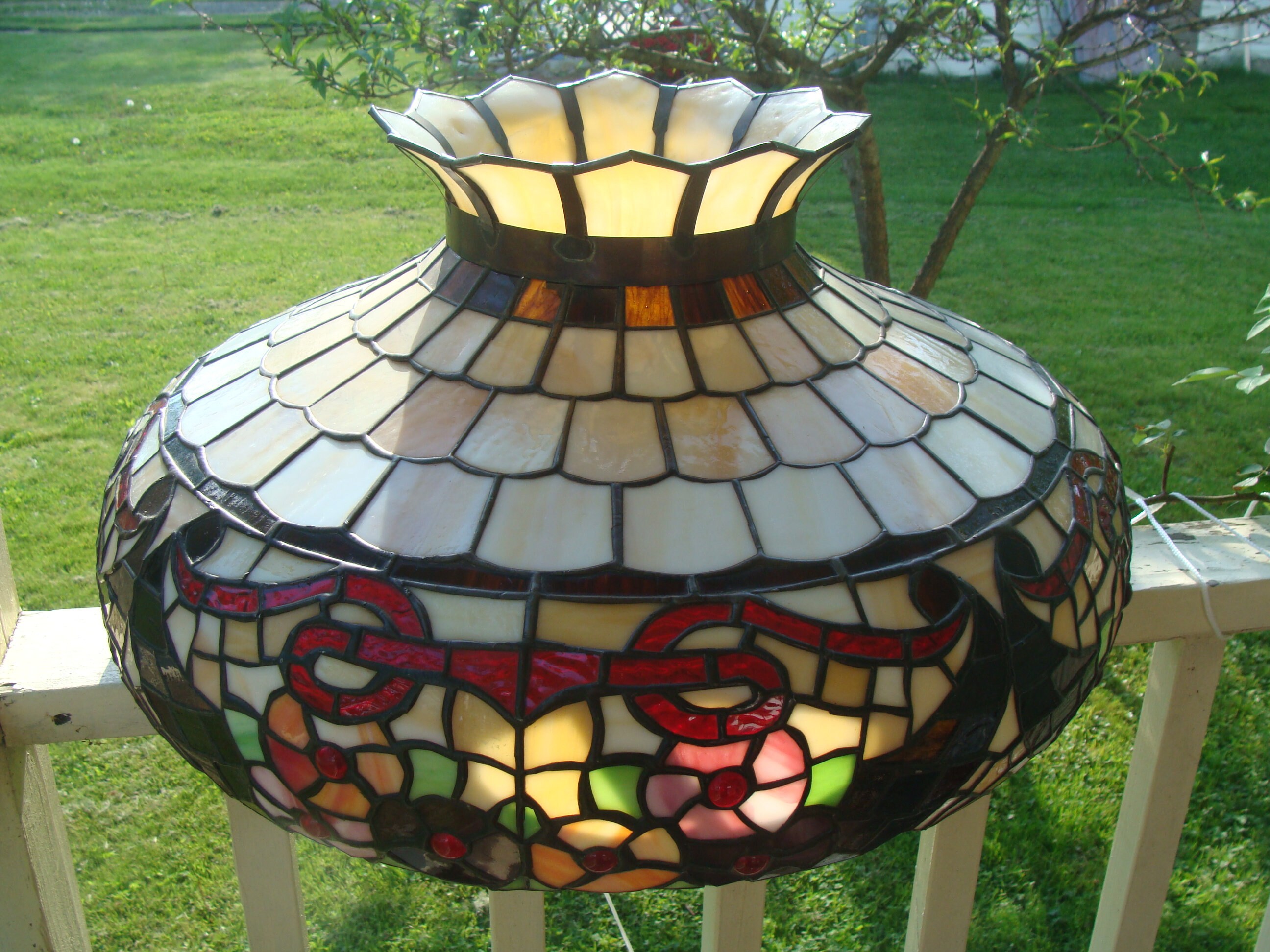 Large Beautiful Stained Glass Lamp Shade Jeweled With Slag Etsy