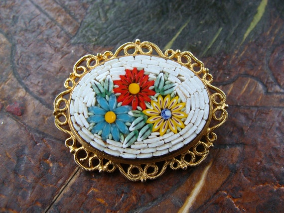 Vintage Italian Gold Toned Filigree Micro Mosaic … - image 1