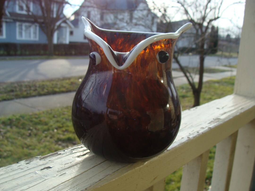 Art Glass Owl Vase Hand Blown Glass Brown Amber and Grey Etsy