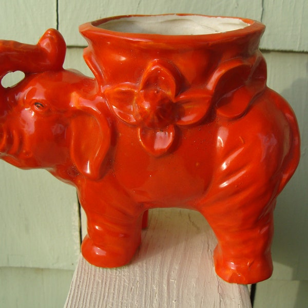 Arts And Crafts Pottery Orange Glazed Elephant Planter Vase Ceramic Clay Pour Elephant Flower Pot