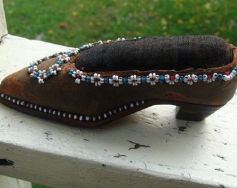 Antique Beaded Shoe Pincushion Leather Shoe Pin Cushion