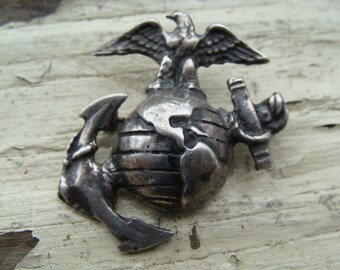 World War Two Sterling Silver USMC Pinback United State Marine Core Pin USMC Eagle Globe Anchor Pin Or Sweetheart Pin 1-7/8" x 1-1/2"