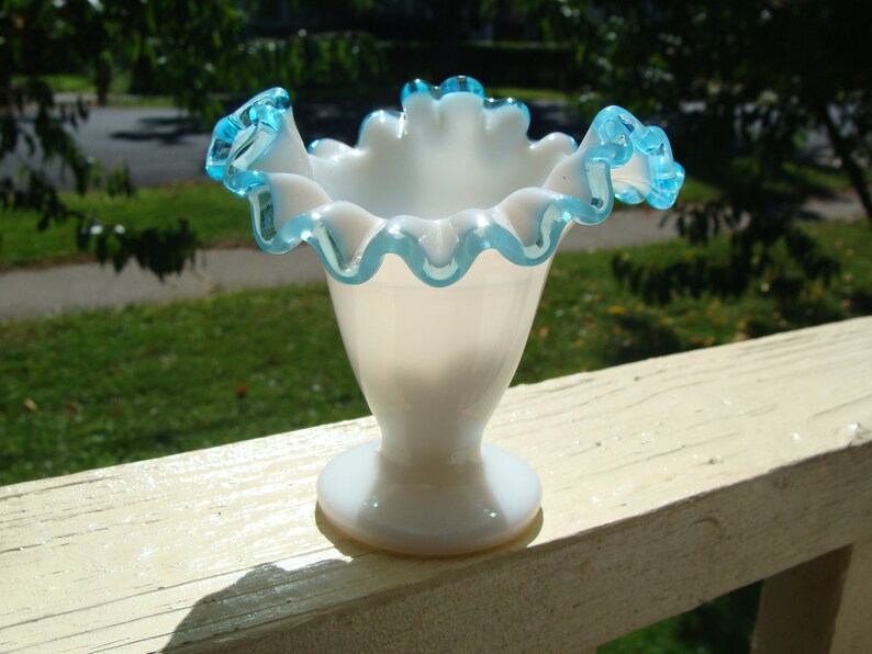 Antique Fenton Art Glass Ruffled Top Footed Milk White Glass Vase With Crimped Aqua Blue Crest
