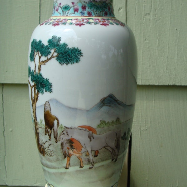 Signed Chinese Porcelain Horse Vase Hand Painted Horses And Landscape With Famille Rose Signed Chinese Writing 9-1/2"h