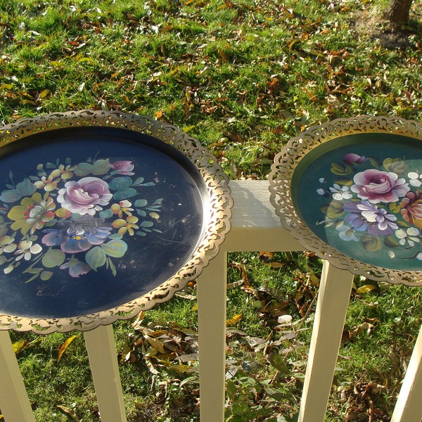 Hand Painted Rose Tole Serving Tray Set Black And Green Painted Reticulated Metal Toleware Multi Colored Floral Flowers 14-7/8"d and  12"d