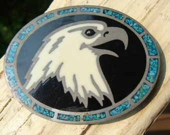 Vintage American Bald Eagle Belt Buckle With Crushed Turquoise Inlay And Enameled South Western Cowboy Belt Buckle