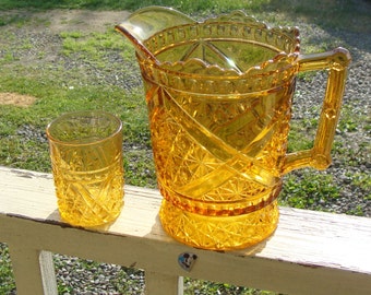 Antique Honey Amber Glass Daisy And Button Pitcher And Tumbler Glass Hobbs Brokunier Le Smith Glass Type