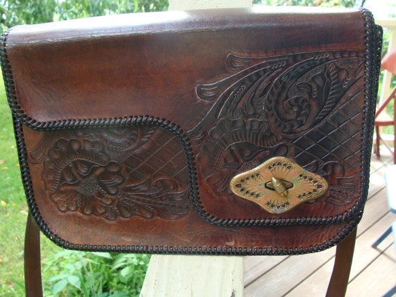 Vintage Leather Shoulder Bag With Tooled Southwes… - image 2