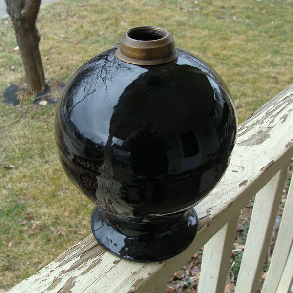 Antique American Stoneware Pottery Oil Lamp Base With High Gloss Black Glaze Red Wing Minnesota 9-3/4"h