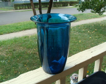 Vintage Mid Century Modern Art Glass Blenko Teal Blue Glass Vase With Flared Top Hand Made Hand Blown Glass 9"