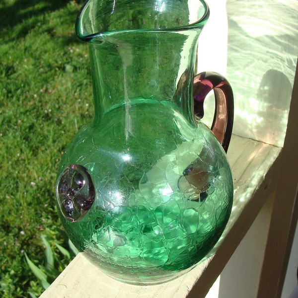 Blown Green Crackle Art Glass Pitcher With Purple Applied Flower Medallion And Handle Blenko Wayne Husted Pontil Mark Glass Type 7-3/8"h