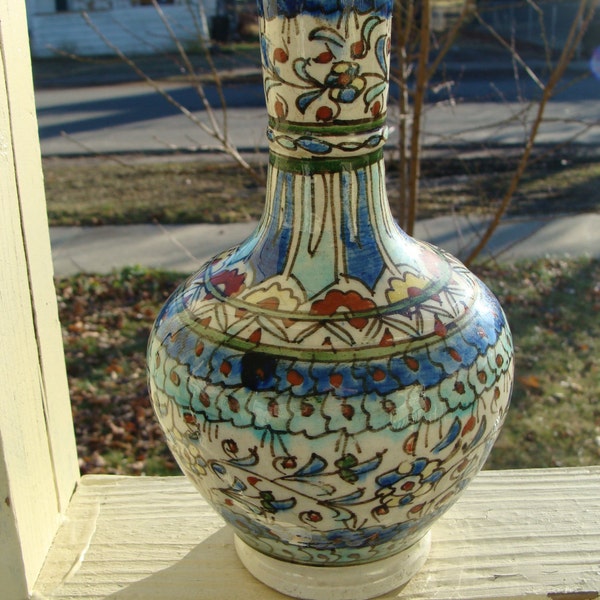 Antique Islamic Turkish Ottoman Kutahya Hand Thrown Turned Ceramic Clay Pottery Hand Painted Pitcher Bottle