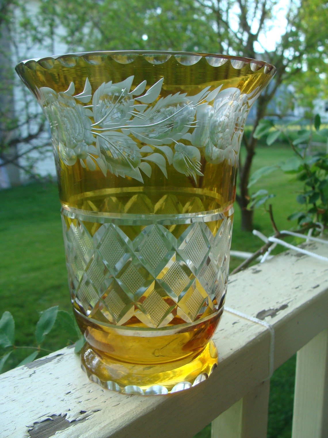 Antique Czech Bohemian Cut Crystal Vase Amber Cut to Clear Etsy