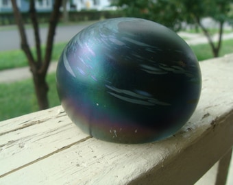 Studio Art Glass Iridescent Paperweight With Swirled Spatter Hand Blown Glass Paper Weight Signed By Artist 3"