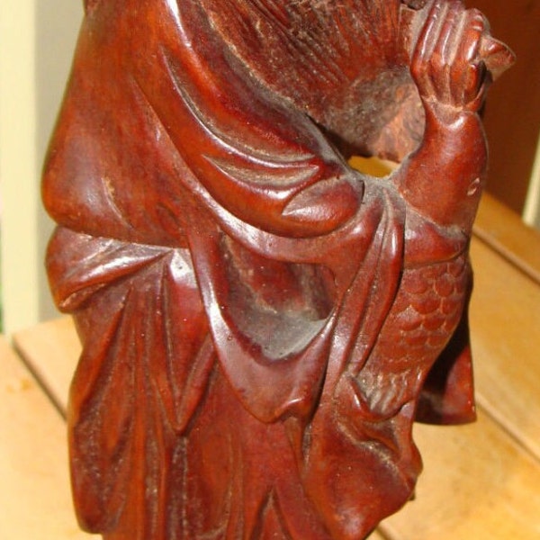 Carved Rosewood Wood Statue With Glass Eyes  9 1/2"h