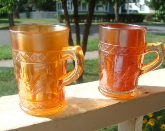 Antique Dugan Art Glass Stork And Rushes Mug Set Of Two Mugs With Marigold Carnival Iridescence 4"