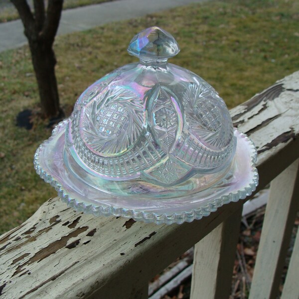 L E Smith Carnival Glass Dome Butter Dish In The Aztec Sunburst Pinwheel Hobstar Pattern Beautiful Rainbow Iridescent Clear Glass Unsigned