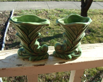 McCoy Art Pottery Cornucopia Vase Pair With Gloss Green Glaze Numbered And Marked 835 USA Perfect Set Of Two Vases 5"h