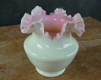 Victorian Antique Pink Cased Glass Ruffled Vase Art Glass Webb Or Stevens And Williams Type Crimped Ruffled Vase