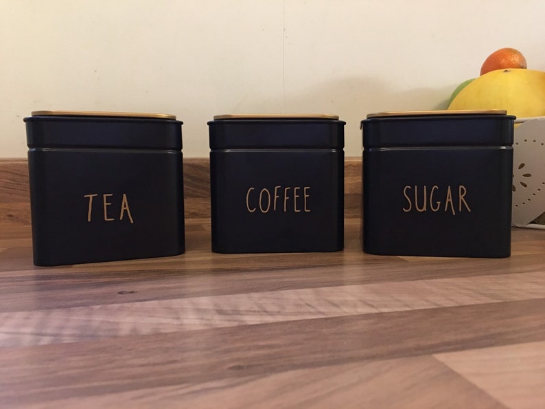 Set of Three Black and Gold Tea / Coffee and Sugar Canisters Etsy UK