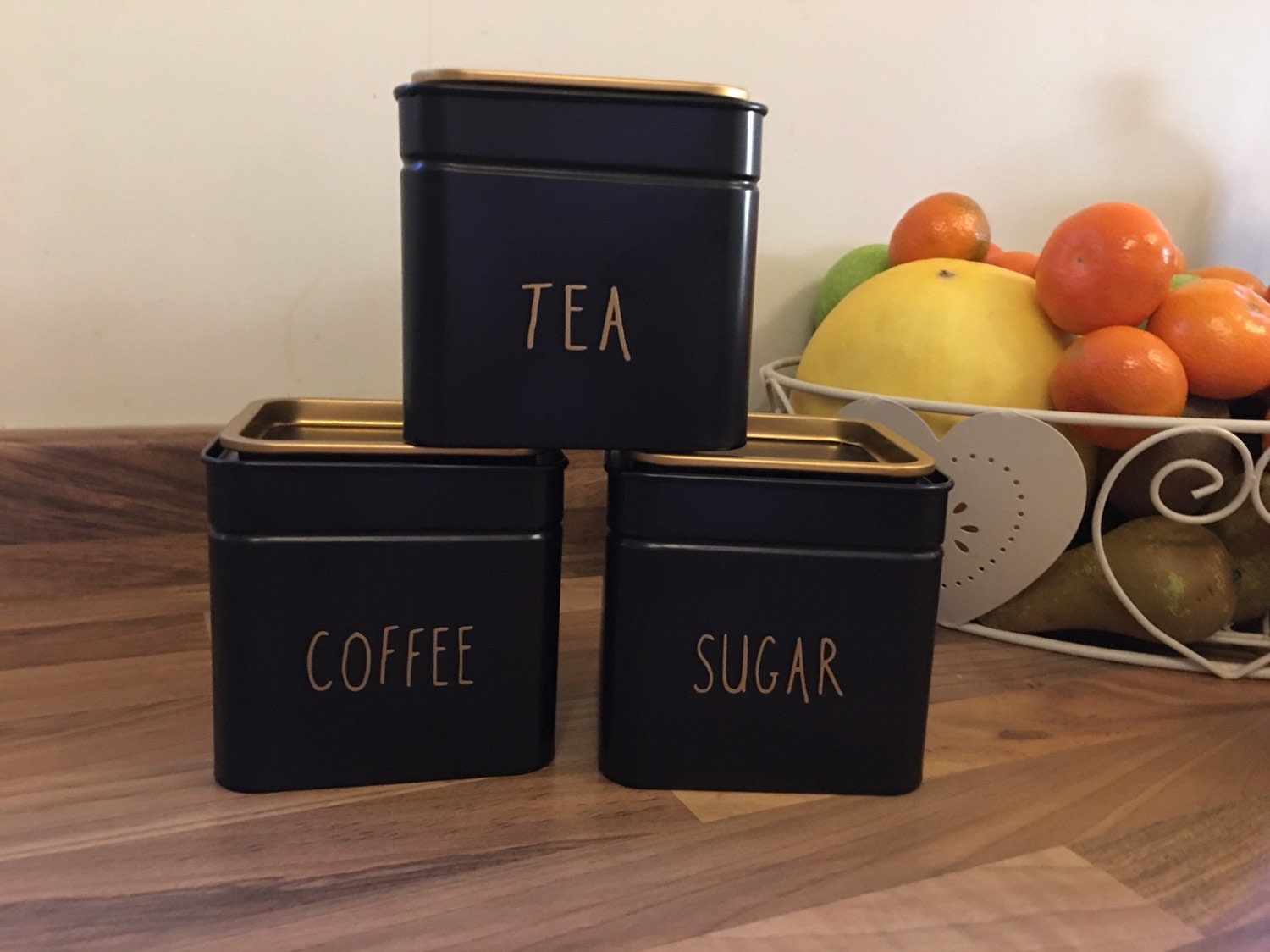 Set of Three Black and Gold Tea / Coffee and Sugar Canisters Etsy UK