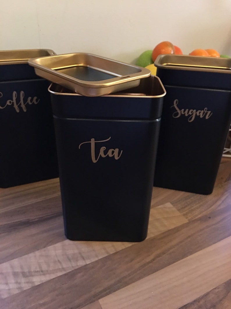 Set of Three Black and Gold Tea / Coffee and Sugar Canisters Etsy UK