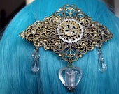 Steampunk Victorian Style Bronze Coloured Metal Gear / Cog Lampwork Heart Hair Barrette Clip Slide Grip