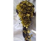 Steampunk Olive Green And Black Silk Flowers Ivy Wedding Bride Bouquet Gear Cogs