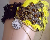 Steampunk Fairies Clock Black Lace Yellow Feathers Vintage Style Fairy, Chain & Cog Bride Wedding Garter Cosplay
