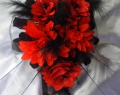 Gothic Cross Red Silk Flowers And Black Roses Bride Small Wedding Bouquet