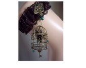 Victorian Style Steampunk Raven Cameo Bronze Birdcage Black Brown Ribbon And Lace Wedding Garter Cosplay