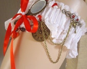 Gothic Steampunk Lace And Red Ribbon white Wedding Cosplay Garter Alice Looking Glass