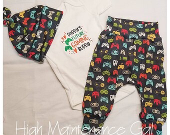 Daddy's Gaming Buddy Dad Baby Outfit: Bodysuit, Pants, Hat Set