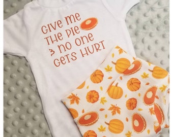Thanksgiving outfit, photo clothes, pumpkin pie, Give me the pie, fall bodysuit, bloomers, diaper cover, baby clothes, Babyshower gift
