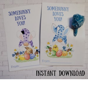 Wielkanocny krasnal do wydrukowania, uchwyt na lizaki (dum dum) z napisem Some Bunny Loves You, do wydrukowania, prezenty DIY, 2 kolory