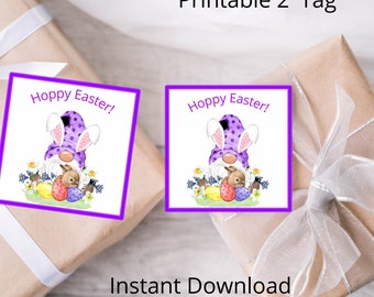 Printable Easter Gnome  purple Gift Cookie Tag 2  Stickers 2 inch