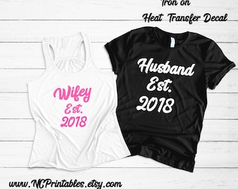 Couple Husband and Wife Est. and Date,Honeymoon, Bride/Groom Fabric Heat Transfer Iron On Decal  Only Gift