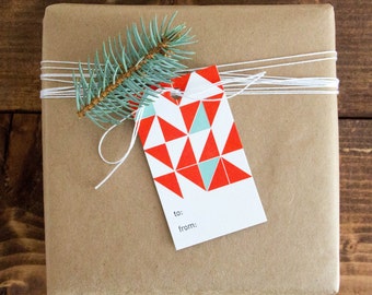 Orange and Teal Triangle Pattern Letterpress Gift Tag - Set of 6