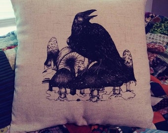 Raven and Mushrooms Pillow