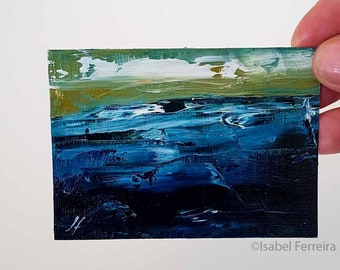 Original oil miniature painting- ACEO art-Deep Waters, ATC original painting- gift idea- affordable art- small art-coastal-blue