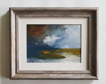 Abstract oil painting landscape, original abstract seascape, UP NORTH, sea, England seaside, storm clouds dramatic sky 5x7 inches