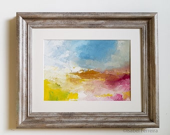 Original Ölgemälde, bunte Landschaft, Ein heißer Sommertag, Landschaftsmalerei, original Kunst, rosa, gelb, Wolken, 15x7 cm
