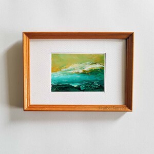 Original abstract oil miniature ACEO Seascape 104 ATC original painting, gift idea, affordable art,minimalist painting, green turquoise image 1