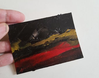 Original ÖlMiniatur Gemälde- ACEO Kunst- Landschaft mit Rot II,Atc Original Malerei- Geschenkidee- erschwingliche Kunst-Landschaft Malerei,