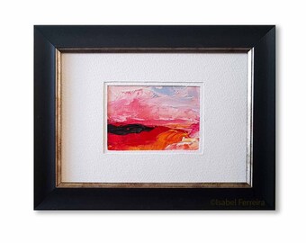 Original painting, miniature oil painting- ACEO art- Red and Pink - ATC original painting- modern art, room decor,dramatic,colourful art